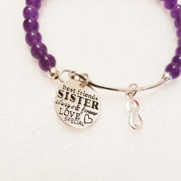 Women's Amethyst and Silver Beaded Inspirational Bracelet - Picture 2 of 3